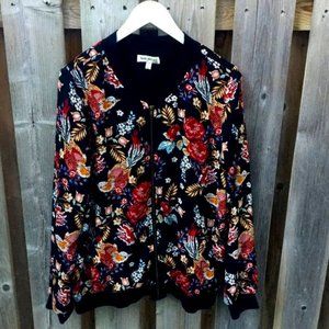 Faith & Joy floral bird black zip up bomber jacket - size L